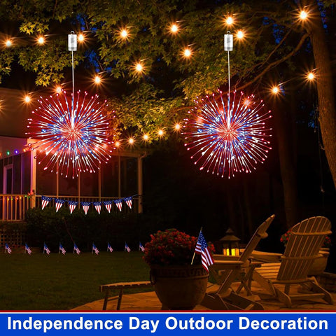 TURNMEON lights illuminating a lawn at night showing vivid patriotic effect and dramatic curb appeal