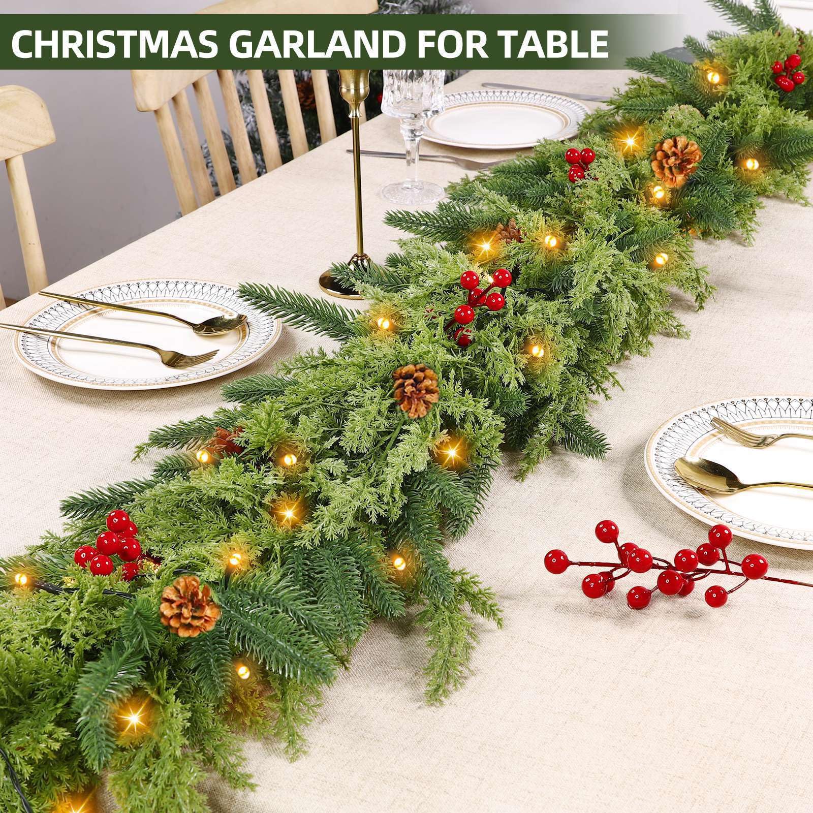 TURNMEON warm white LED lights on garland showing pre-lit convenience and ambience