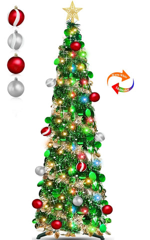 TURNMEON front view showing full 5ft gold pop-up tree and ornaments, festive display benefit