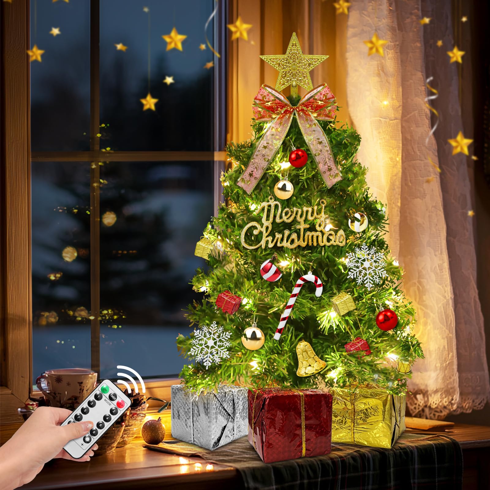 TURNMEON tree beside a book to show 24-inch scale for easy placement decisions