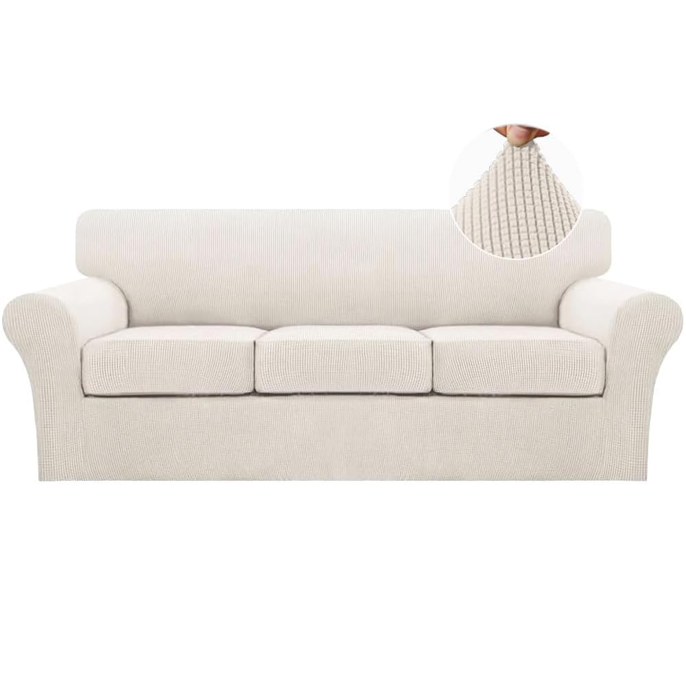 Turquoize front view of ivory slipcover showing tailored fit and clean lines