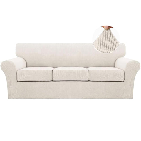 Turquoize front view of ivory slipcover showing tailored fit and clean lines