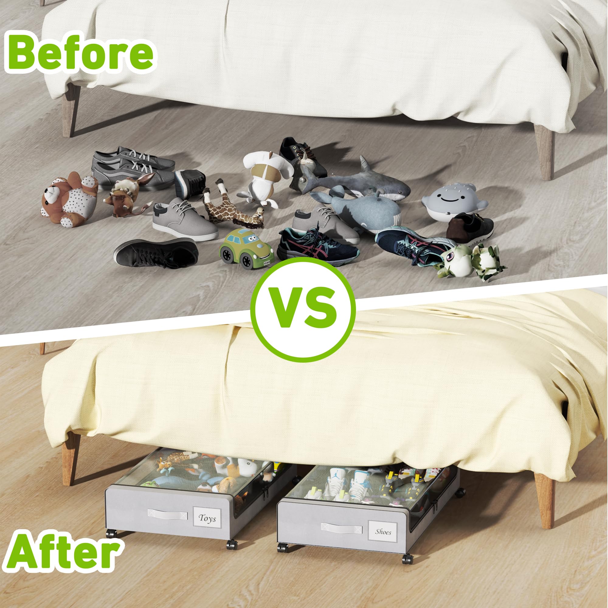 Tututry placed under bed in bedroom illustrating space-saving organization benefit