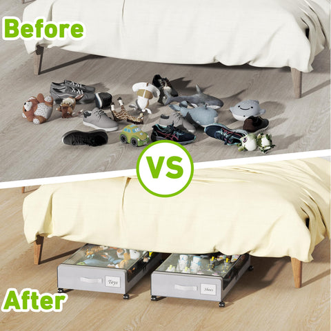 Tututry placed under bed in bedroom illustrating space-saving organization benefit