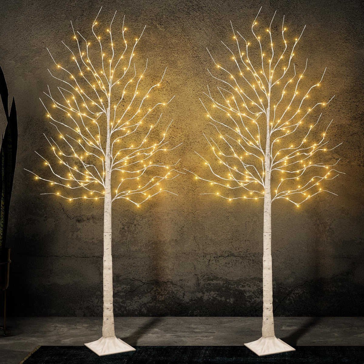 TVAL birch tree front view showing full 6ft illuminated silhouette and ambiance
