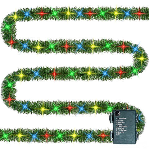 TW SHINE front view of pre-lit garland showing length and packed lights for easy setup
