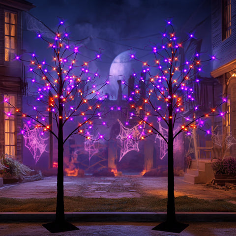 TW SHINE front view of both black birch trees showing spooky centerpiece effect