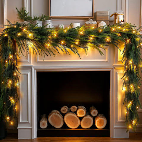 TW SHINE full-length garland front view showing lush Norfolk pine and length benefit