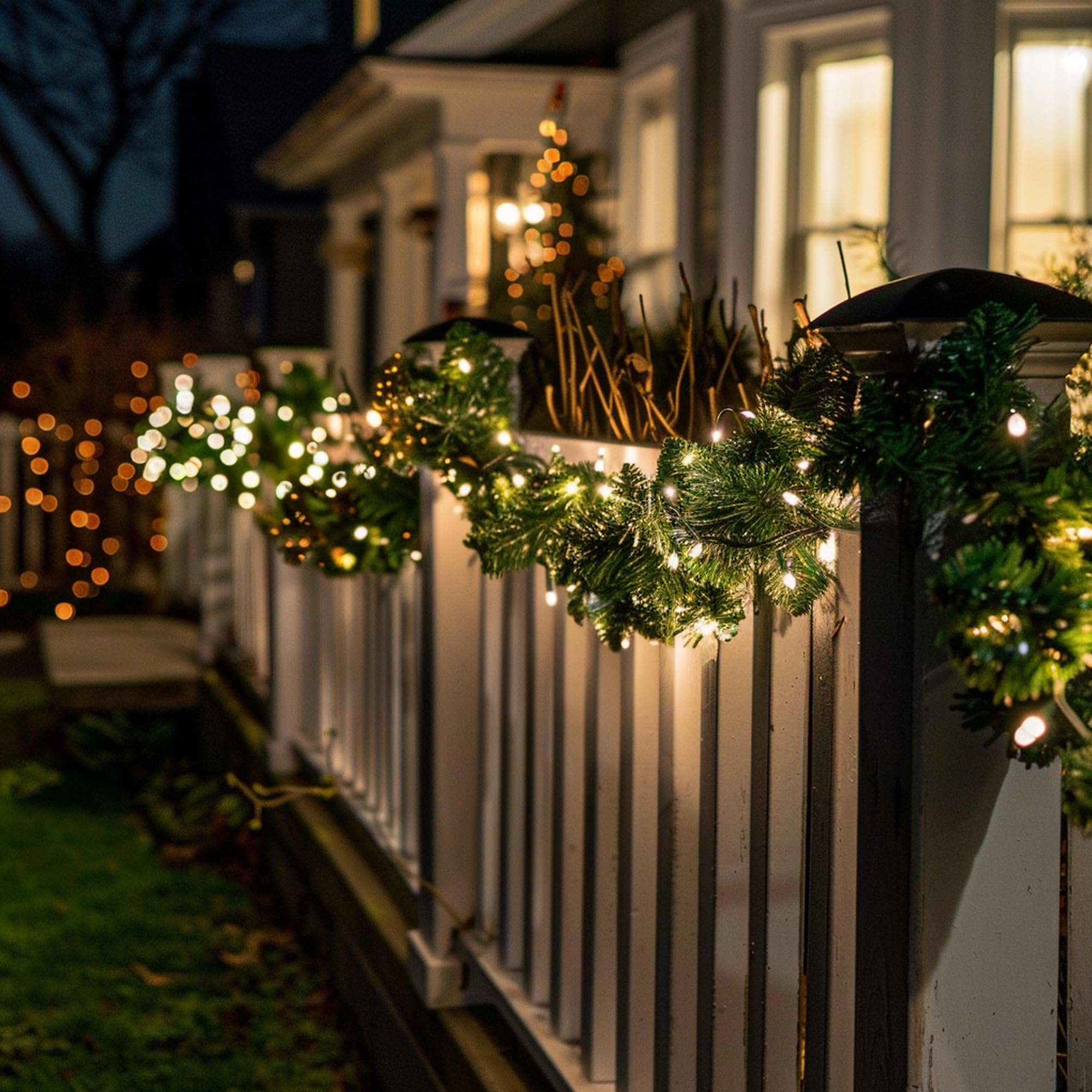 TW SHINE garland on covered porch illuminated for outdoor holiday curb appeal