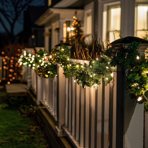 TW SHINE garland on covered porch illuminated for outdoor holiday curb appeal