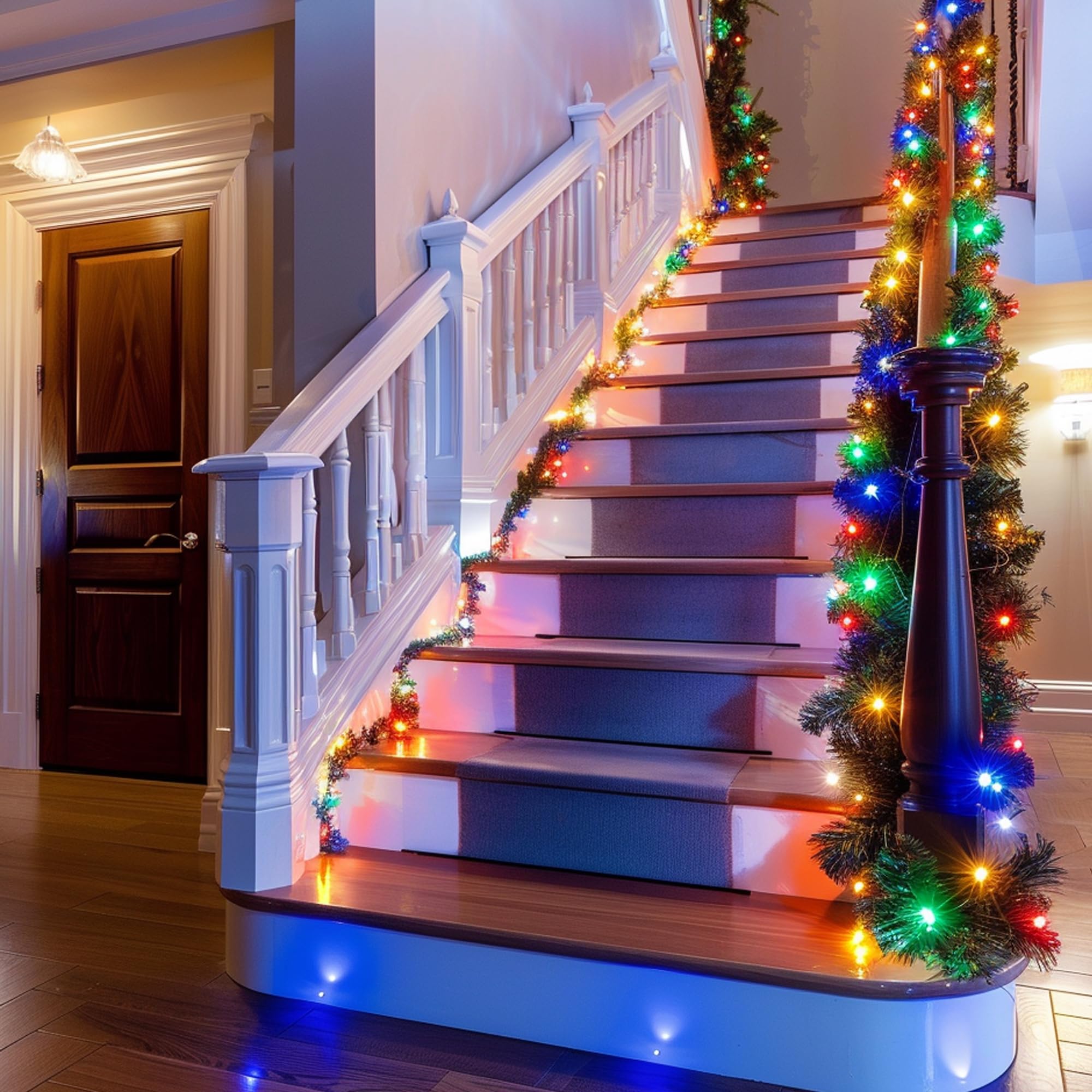 TW SHINE porch display with garland framing door showcasing outdoor-ready waterproofing