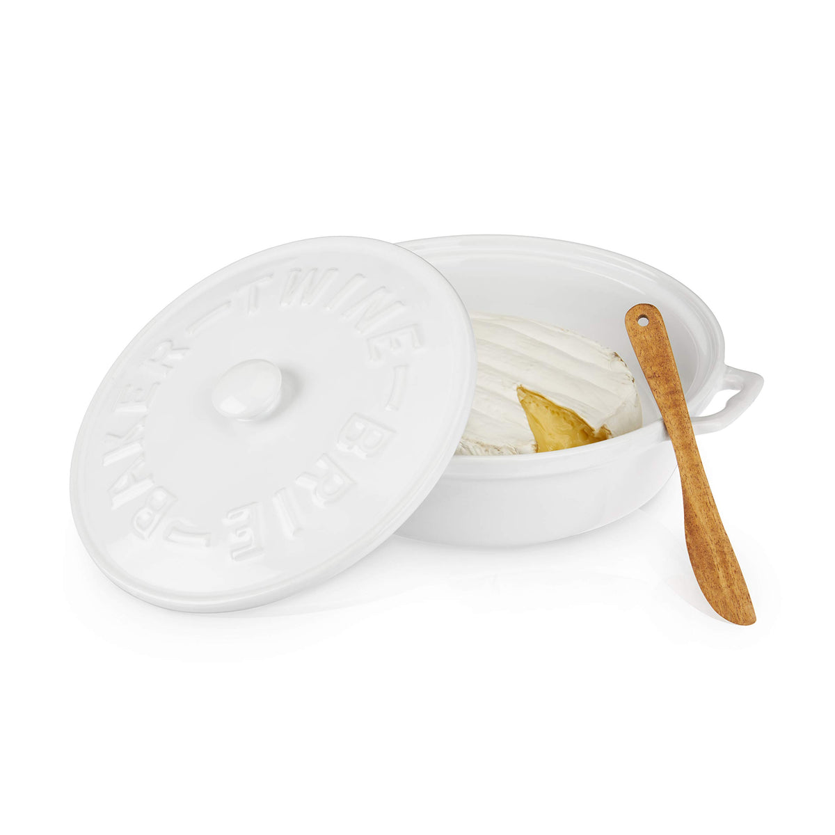 Twine brie baker front view showing white ceramic and handles for easy serving