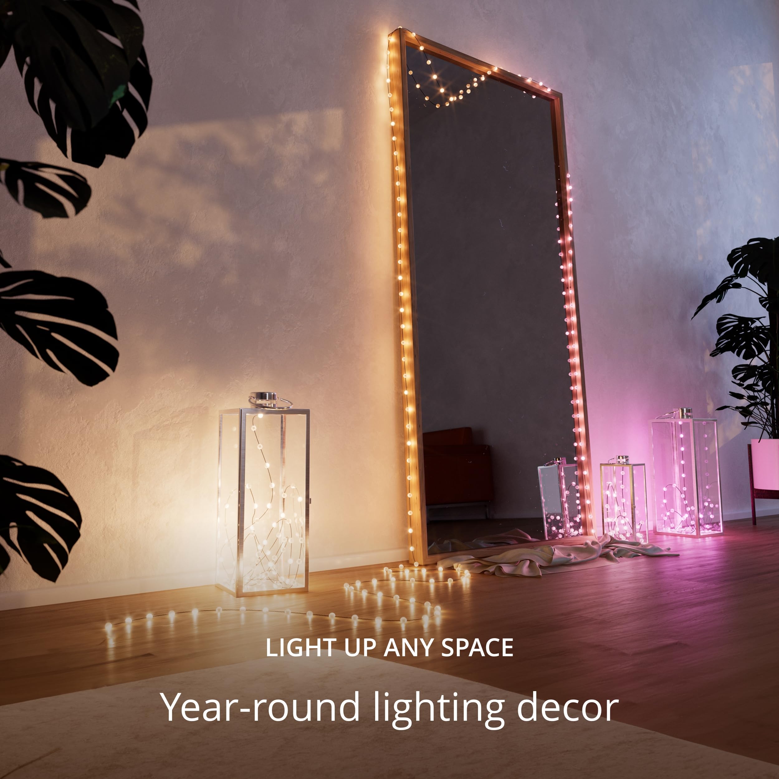 Twinkly pearls styled for a romantic bedroom scene, Twinkly creates cozy mood lighting