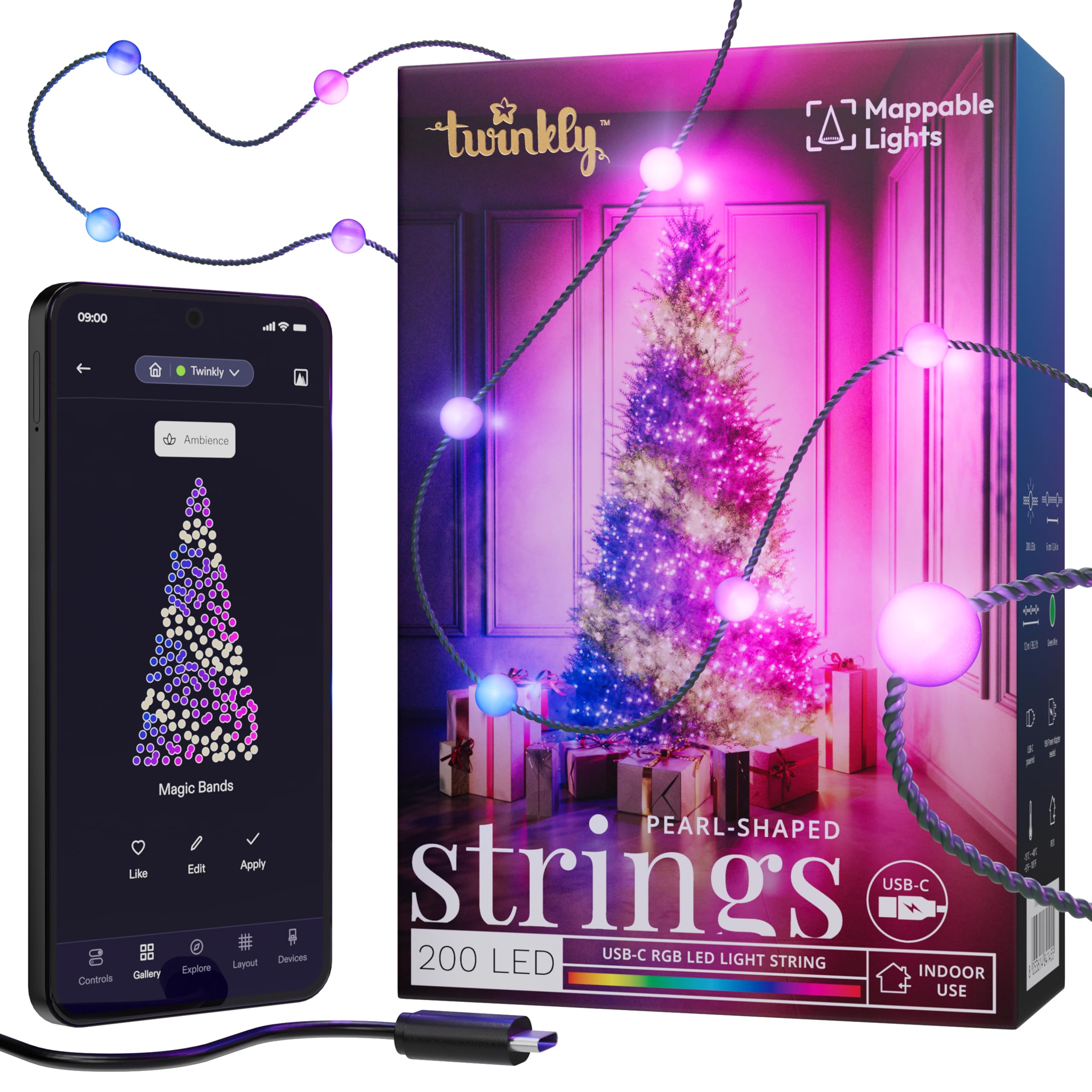 Twinkly front packaging showcasing product and features, Twinkly provides clear smart-light info