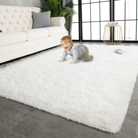 TWINNIS front view cream white 5x8 rug showing plush look and cozy appeal