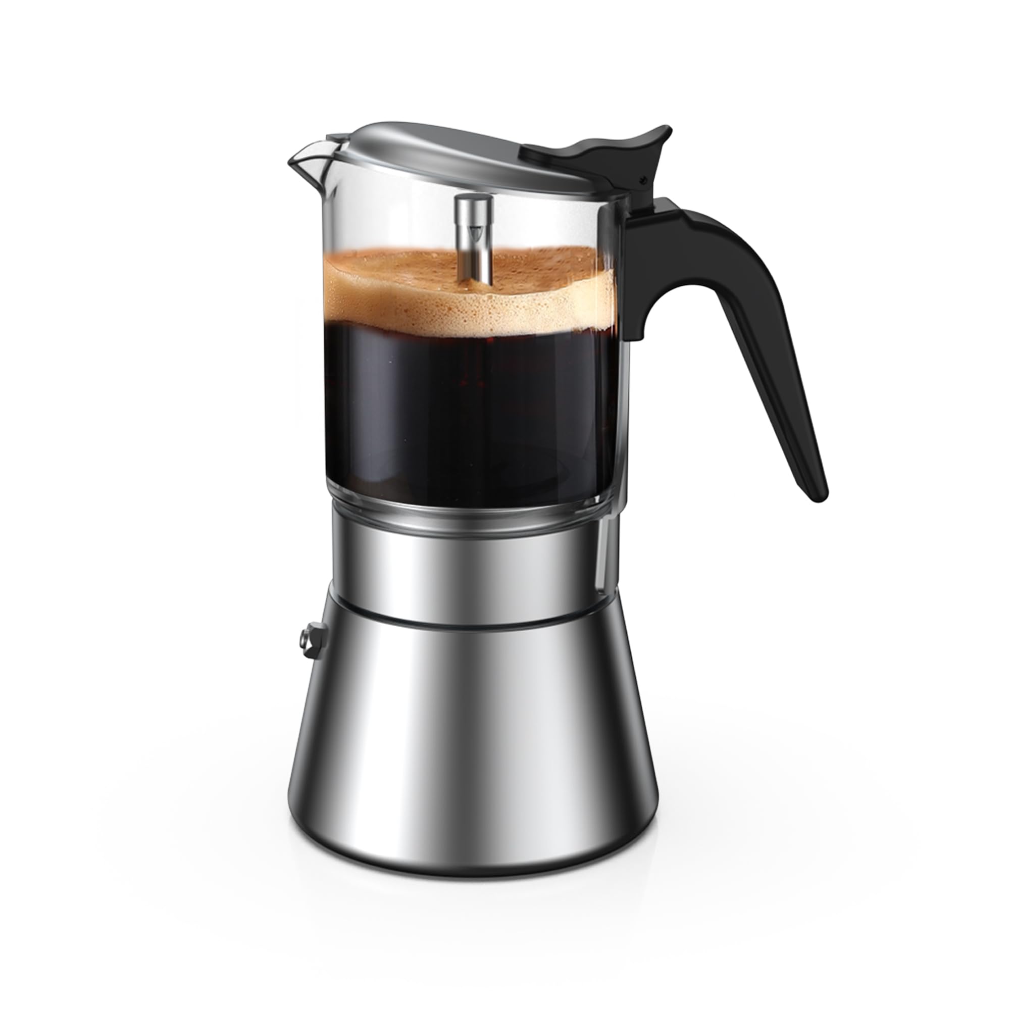 TWOCE SIXAQUAE front view showing sleek glass top and stainless steel body, highlights visible brewing