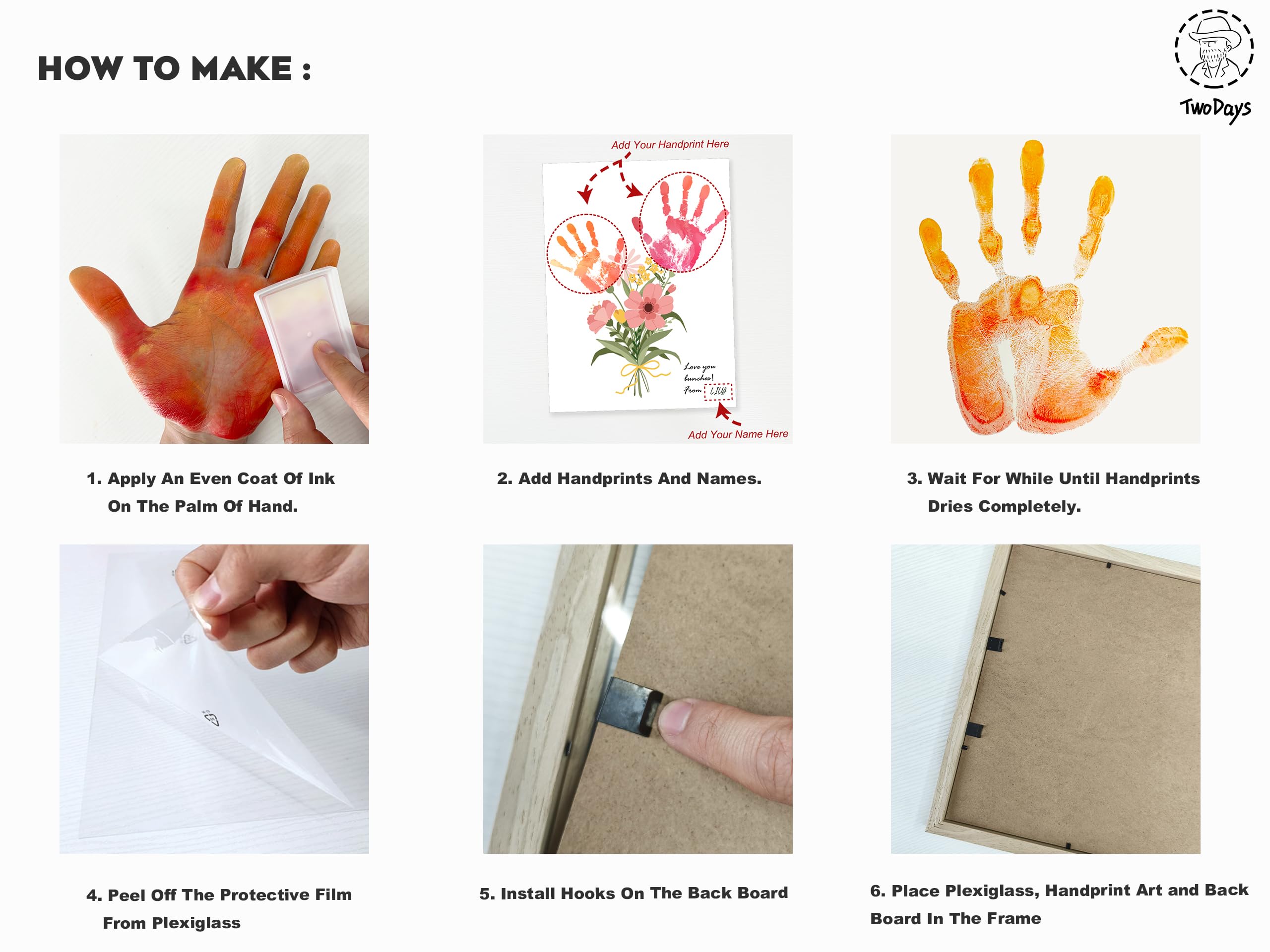 TwoDays child pressing hand onto ink pad, easy mess-free application benefit