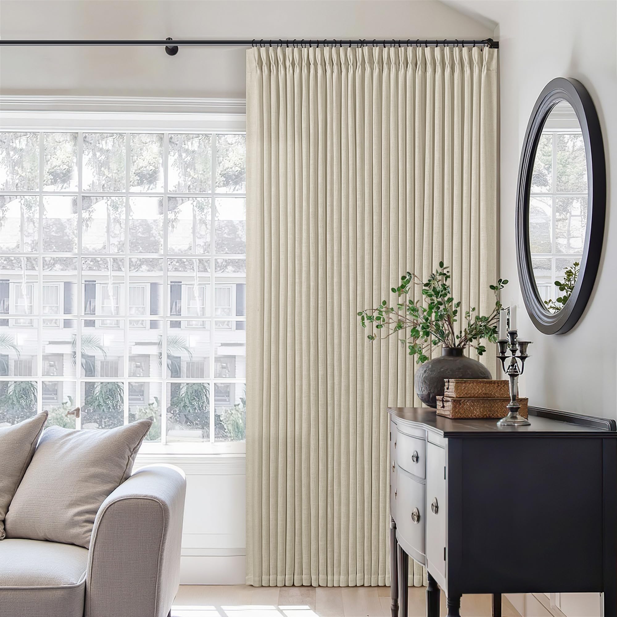 TWODRAPES front view of beige linen curtain set, shows neat folded panels and premium packaging benefit: ready-to-hang