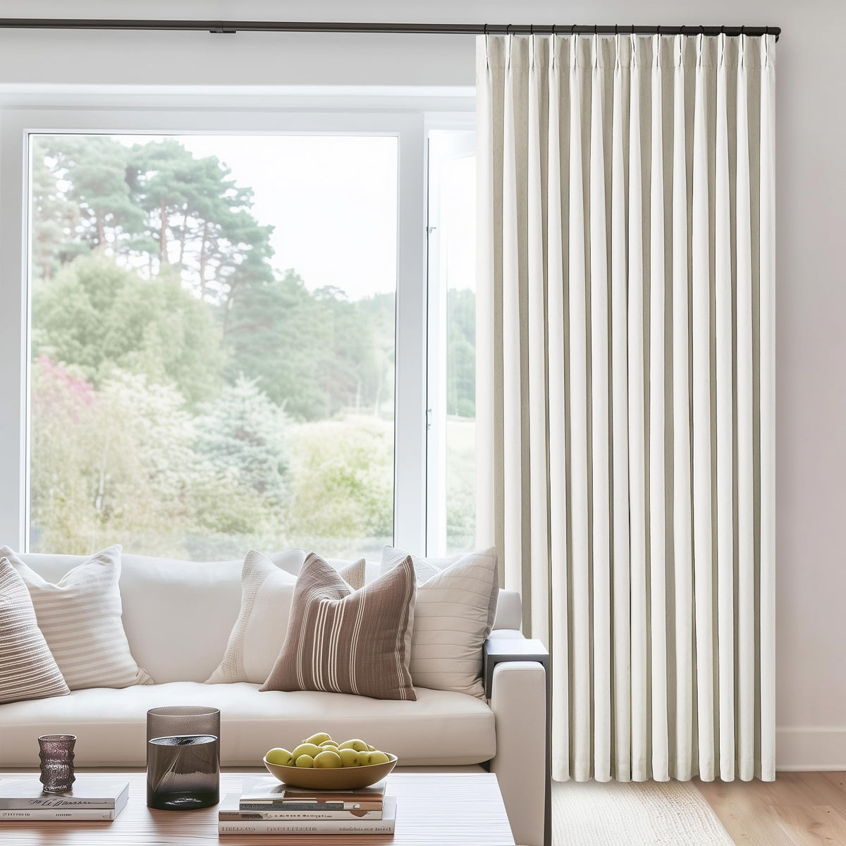 TWODRAPES front panel view showing tailored pinch pleat and cream linen texture for elegant light control