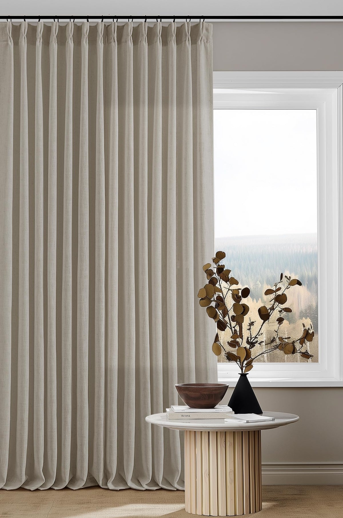 TWODRAPES front panel in Burlywood Birch showing elegant full-length hang and privacy