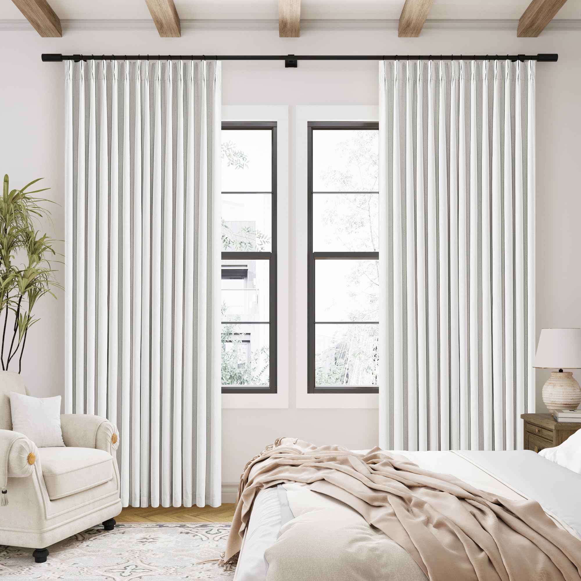 TWODRAPES front view beige pleated curtains showing tailored look and curb appeal