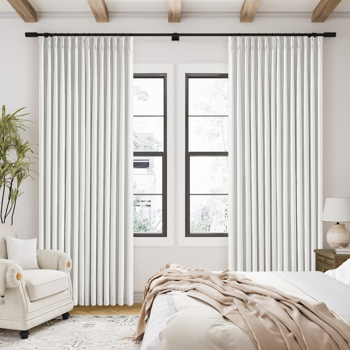 TWODRAPES front view beige pleated curtains showing tailored look and curb appeal