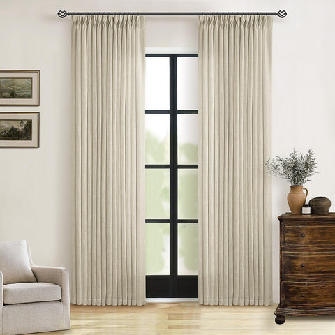 TWODRAPES front view showing neutral linen curtains and elegant privacy