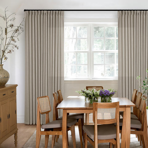 TWODRAPES full-length panel staged in a living room conveying refined ambiance