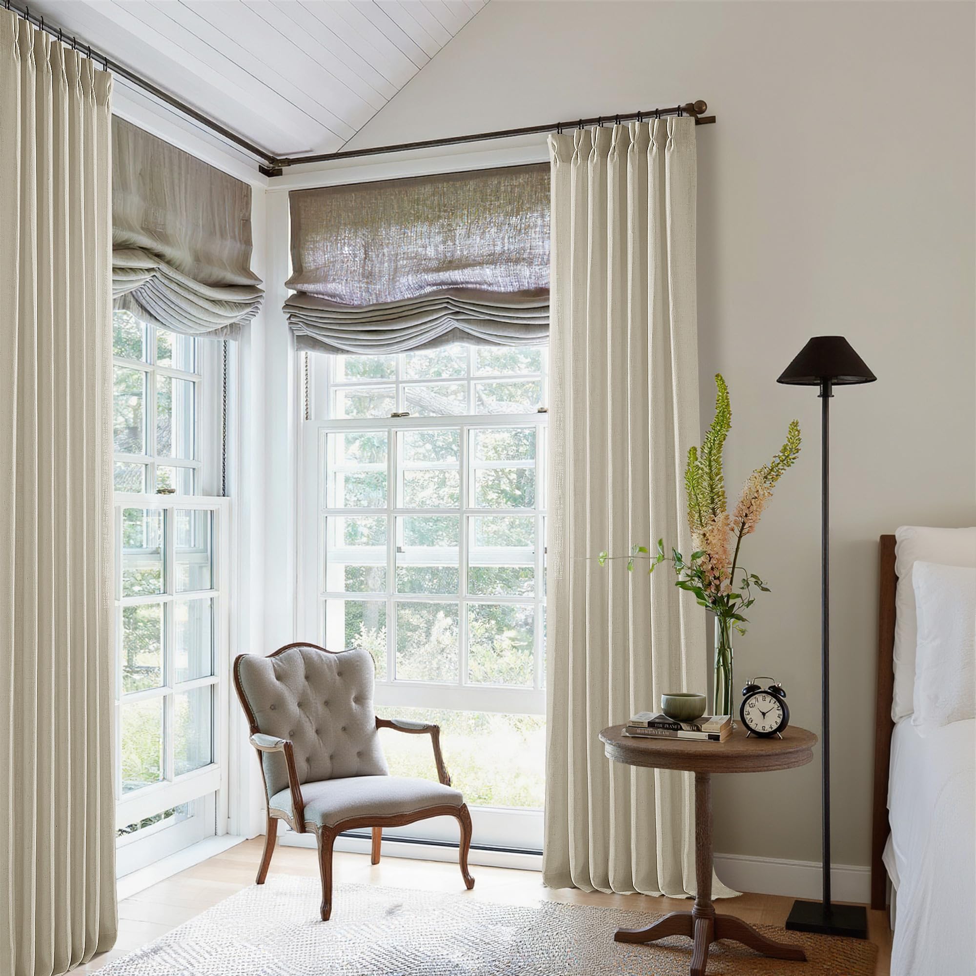 TWODRAPES curtain length compared to chair, shows 96 inch panel scale and correct coverage benefit