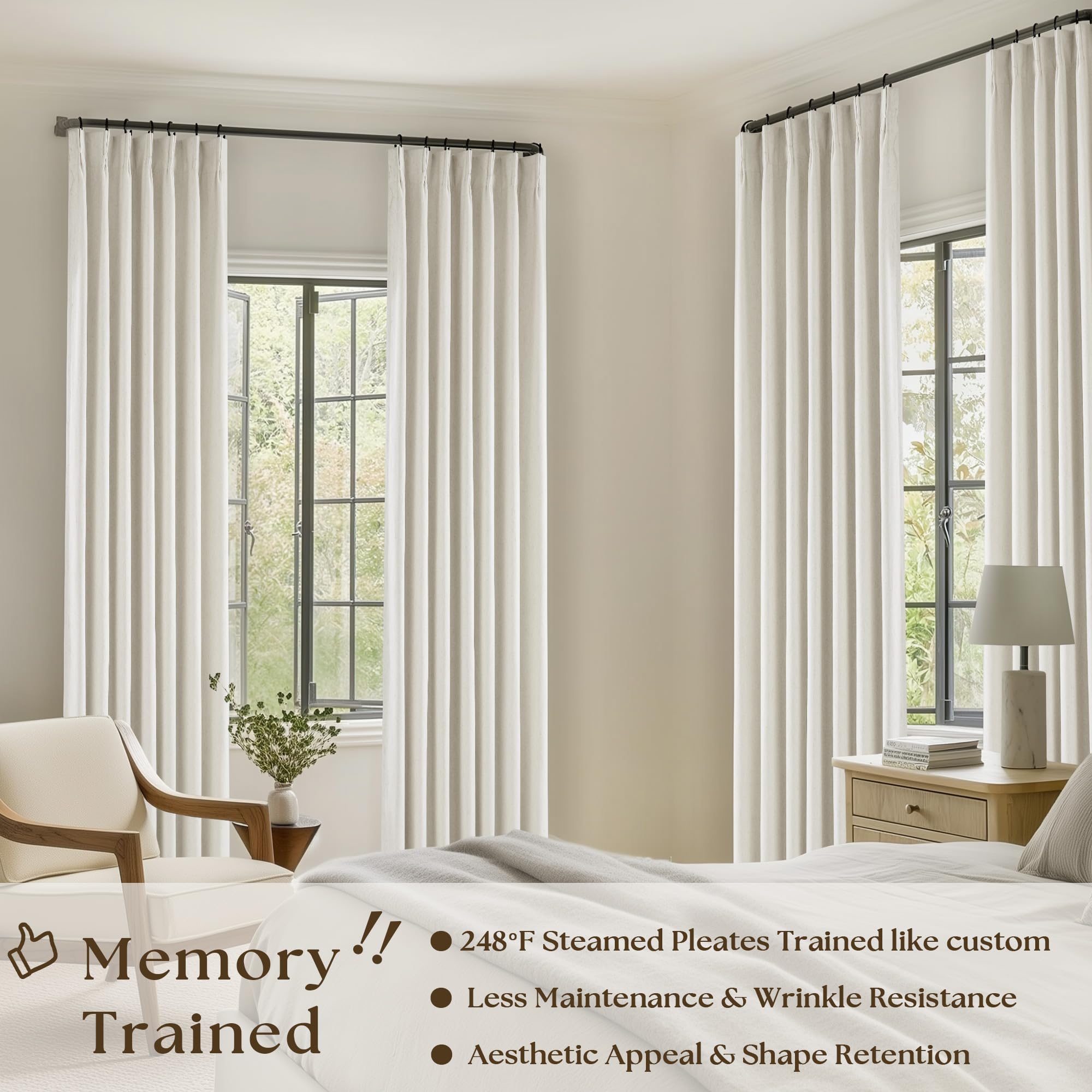 TWODRAPES close-up of sewn-in pinch pleat detail highlighting precise memory-shaped folds and neat hang