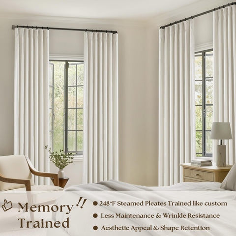 TWODRAPES close-up of sewn-in pinch pleat detail highlighting precise memory-shaped folds and neat hang