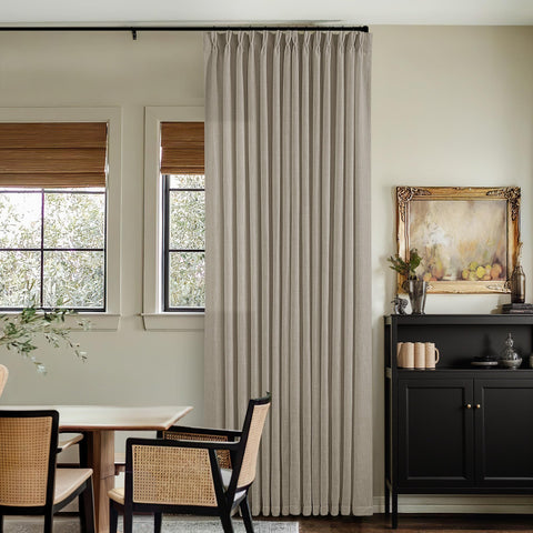 TWODRAPES curtain next to window frame showing 102-inch scale and coverage