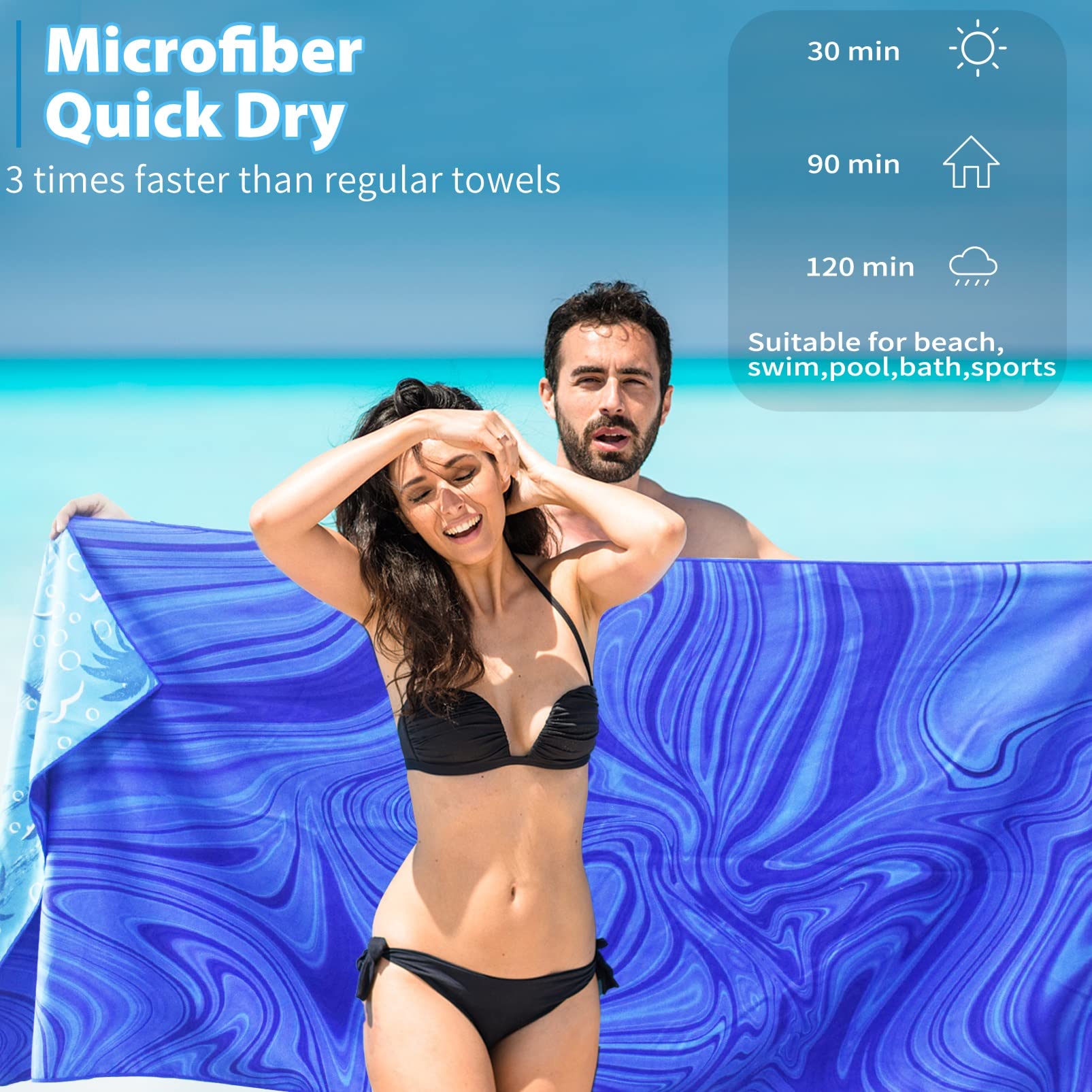 TwoYek towel in use on beach offering large comfortable coverage