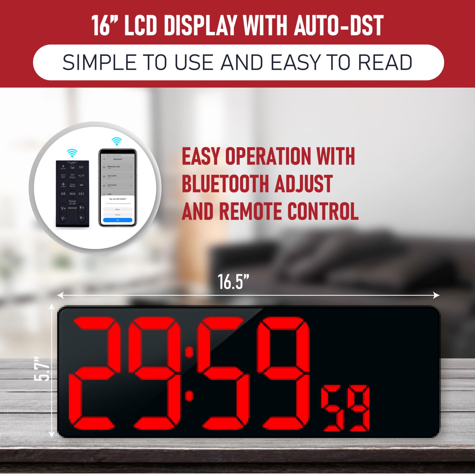 TXL remote control next to clock showing easy adjustments and long range