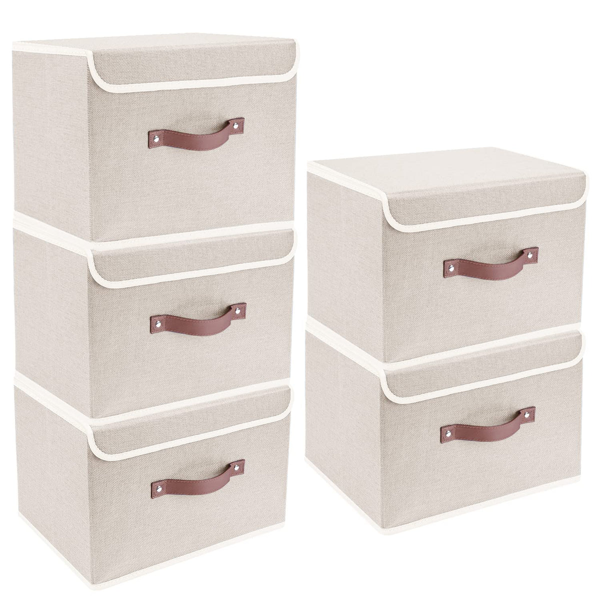 TYEERS front view of five beige storage boxes showing neat stacked organization benefit
