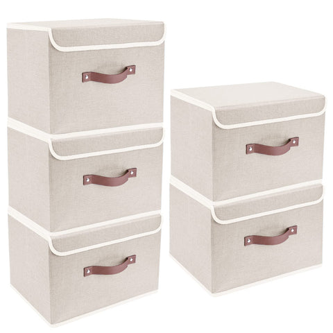 TYEERS front view of five beige storage boxes showing neat stacked organization benefit