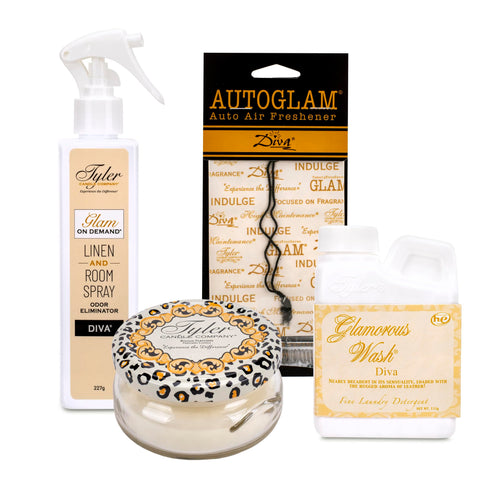 TYLER CANDLE COMPANY front packaging shows complete Diva suite as a gift