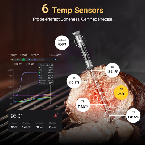 Typhur meat probe inserted in steak for precise doneness control