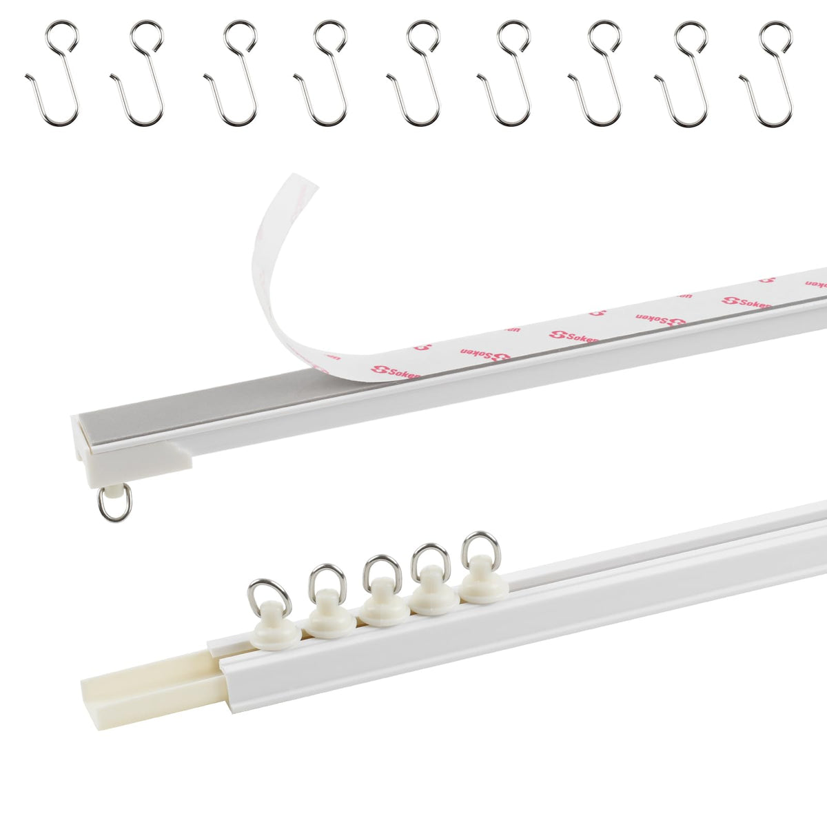 TYRON adhesive curtain track front view showing assembled 128-inch length and components for quick install