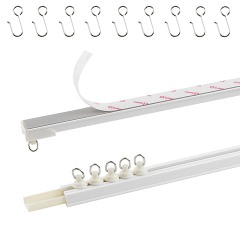TYRON adhesive curtain track front view showing assembled 128-inch length and components for quick install