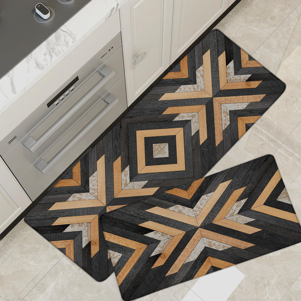 Tyrot front view of matched boho Aztec mat set showing pattern and sizes for style