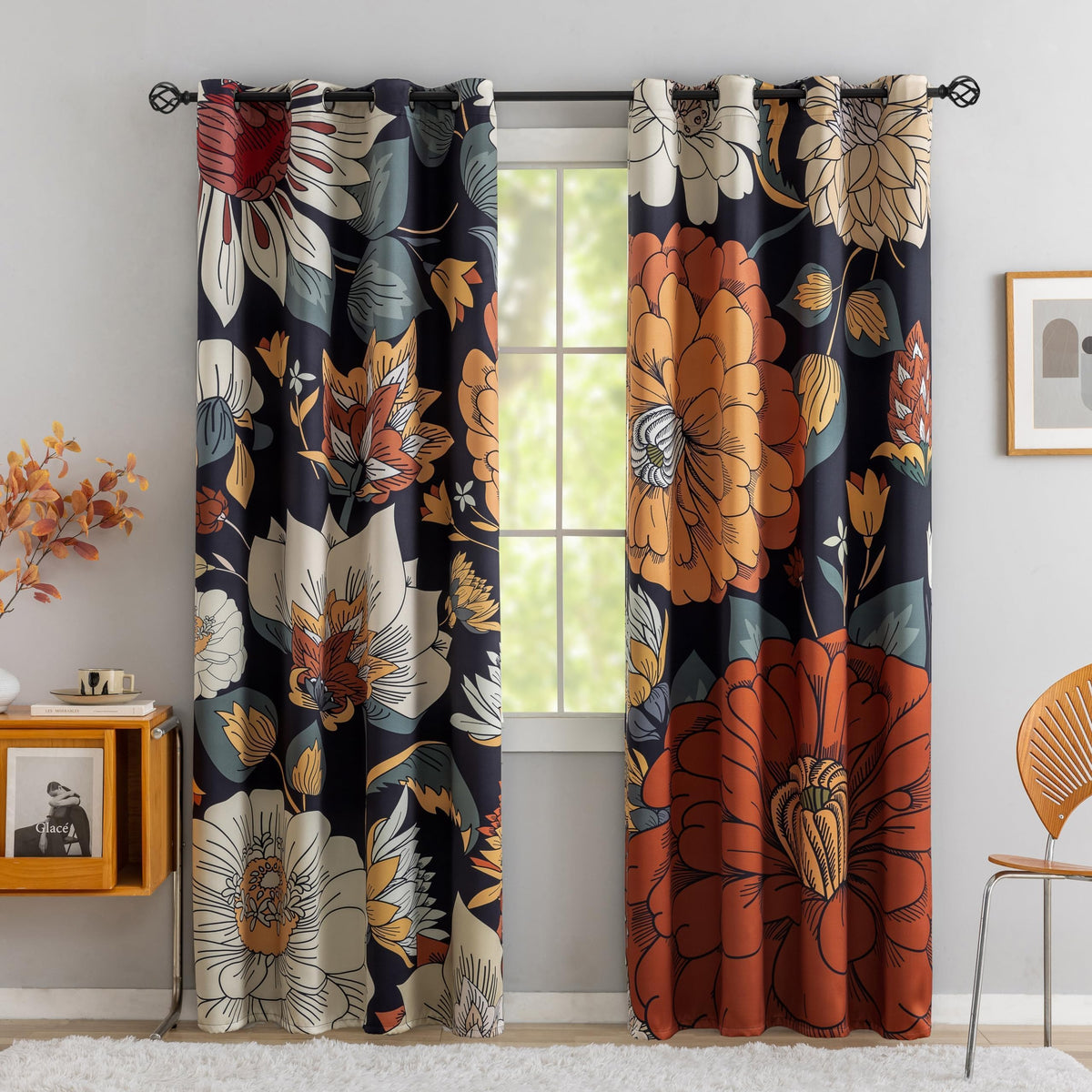Tyrot front view of boho floral blackout panels showing bold pattern and room impact