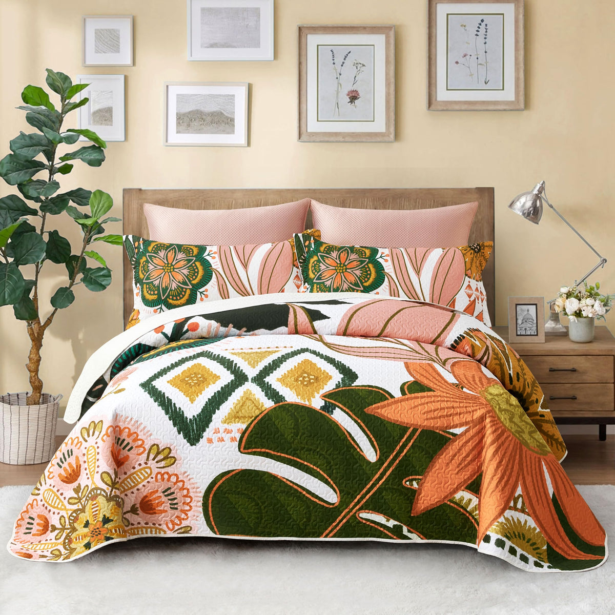 Tyrot quilt front view showing vibrant boho floral print and neat finish for vibrant decor