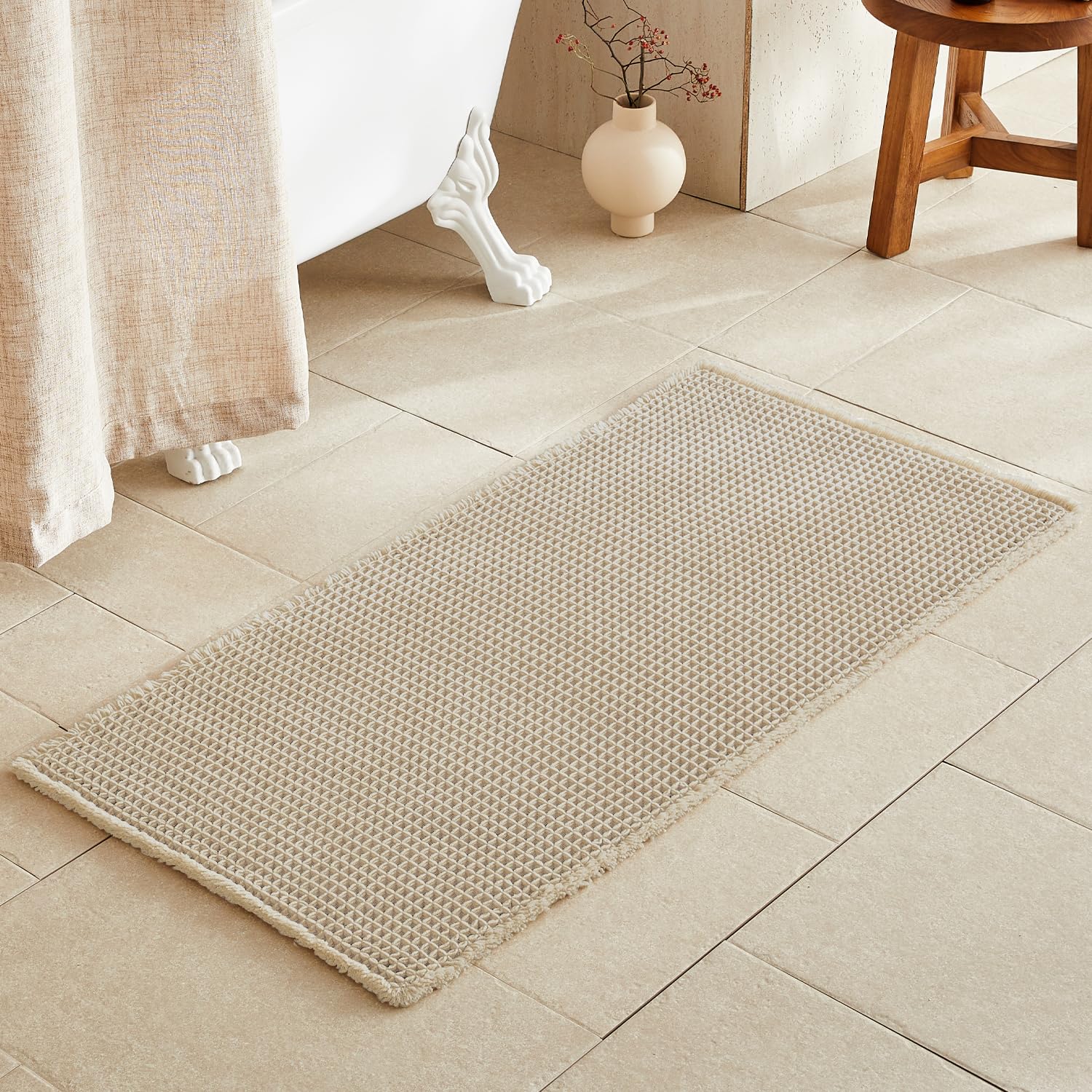 TYUU front view of pale beige waffle bath mat showing full size and styling benefit