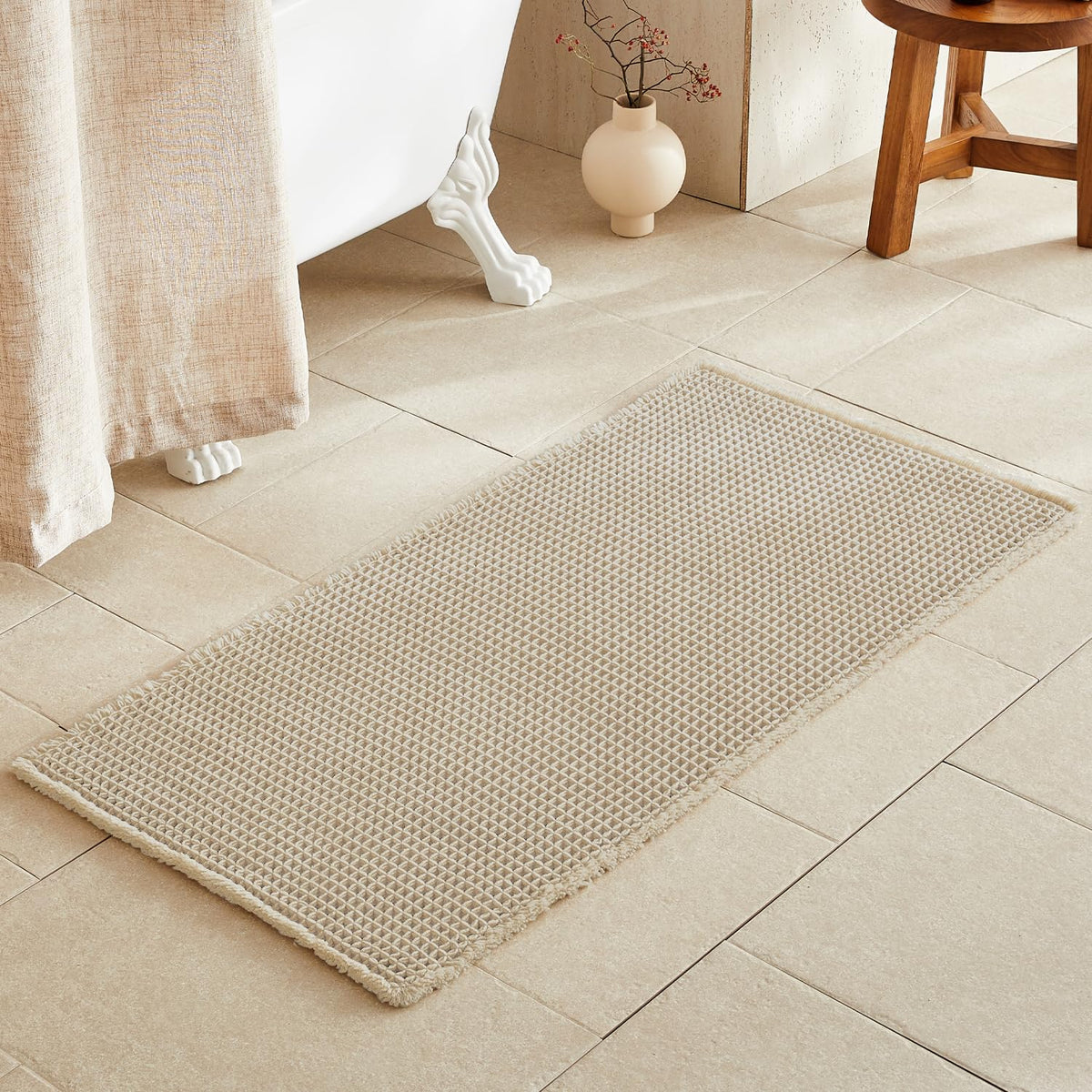 TYUU front view of pale beige waffle bath mat showing full size and styling benefit