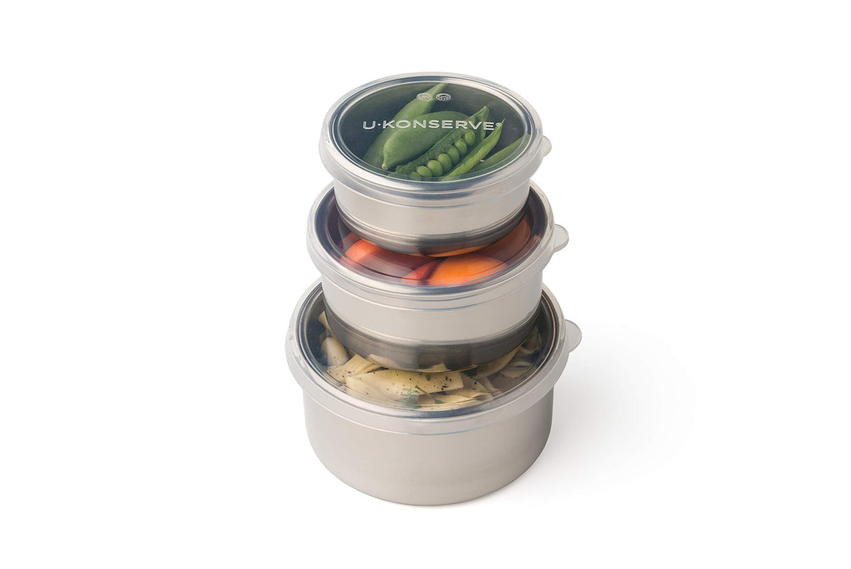U-Konserve front view showing three stainless steel containers and lids, durable storage
