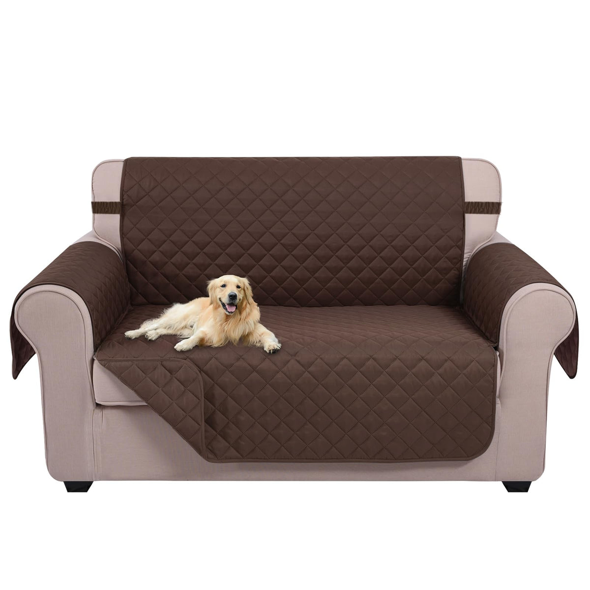 U-NICE HOME front view of chocolate loveseat cover showing neat fit and protection