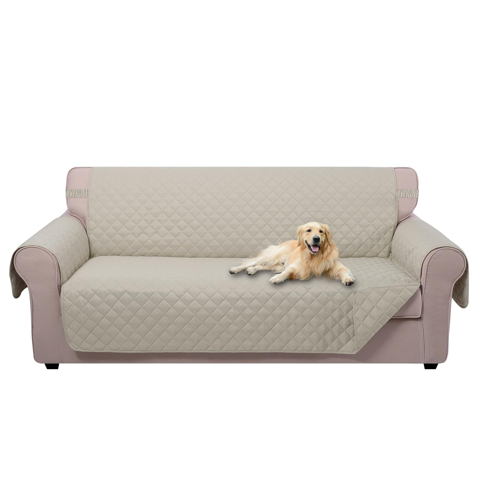 U-NICE HOME front view of beige sofa cover showing full protection and updated look