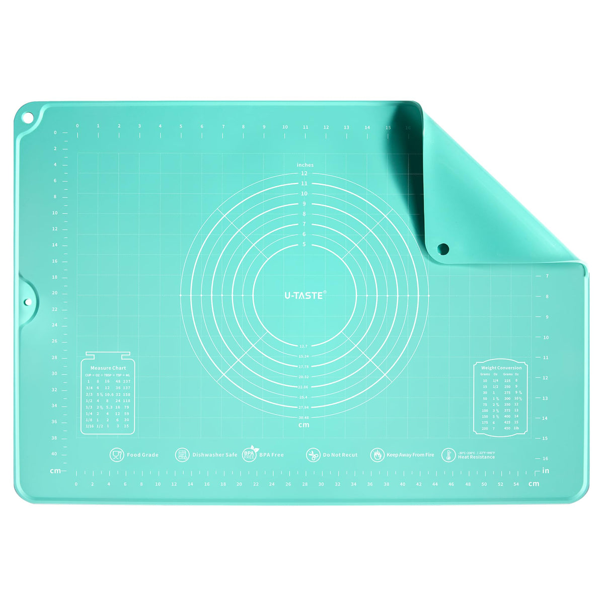 U-Taste front view of aqua sky pastry mat showing full working surface and measurements for accuracy