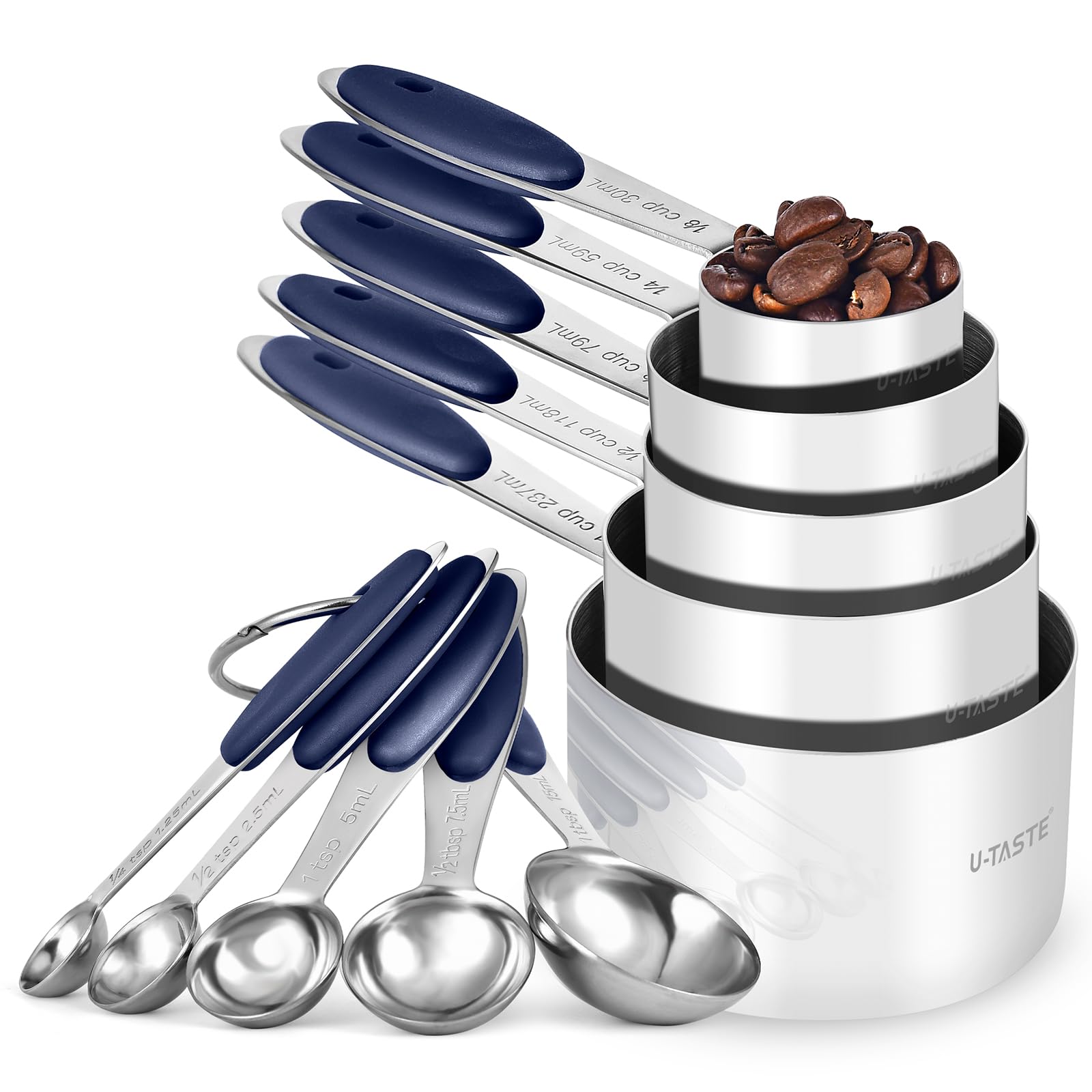 U-Taste front view showing midnight blue measuring set and tidy storage benefit